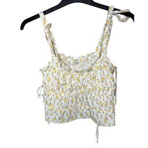 Kirious Los Angeles Yellow Floral Print Sleeveless Ruffle Crop Top Tie Large